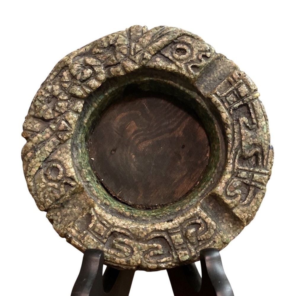 VTG 1970's Crushed Green Malachite Mayan Aztec Warrior‎ Ashtray Green 6"